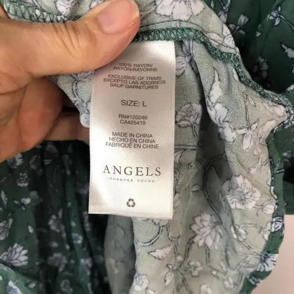 Charming Green Floral Puff Sleeve Dress by Angels Forever Young Tie at Neck - Picture 6 of 7
